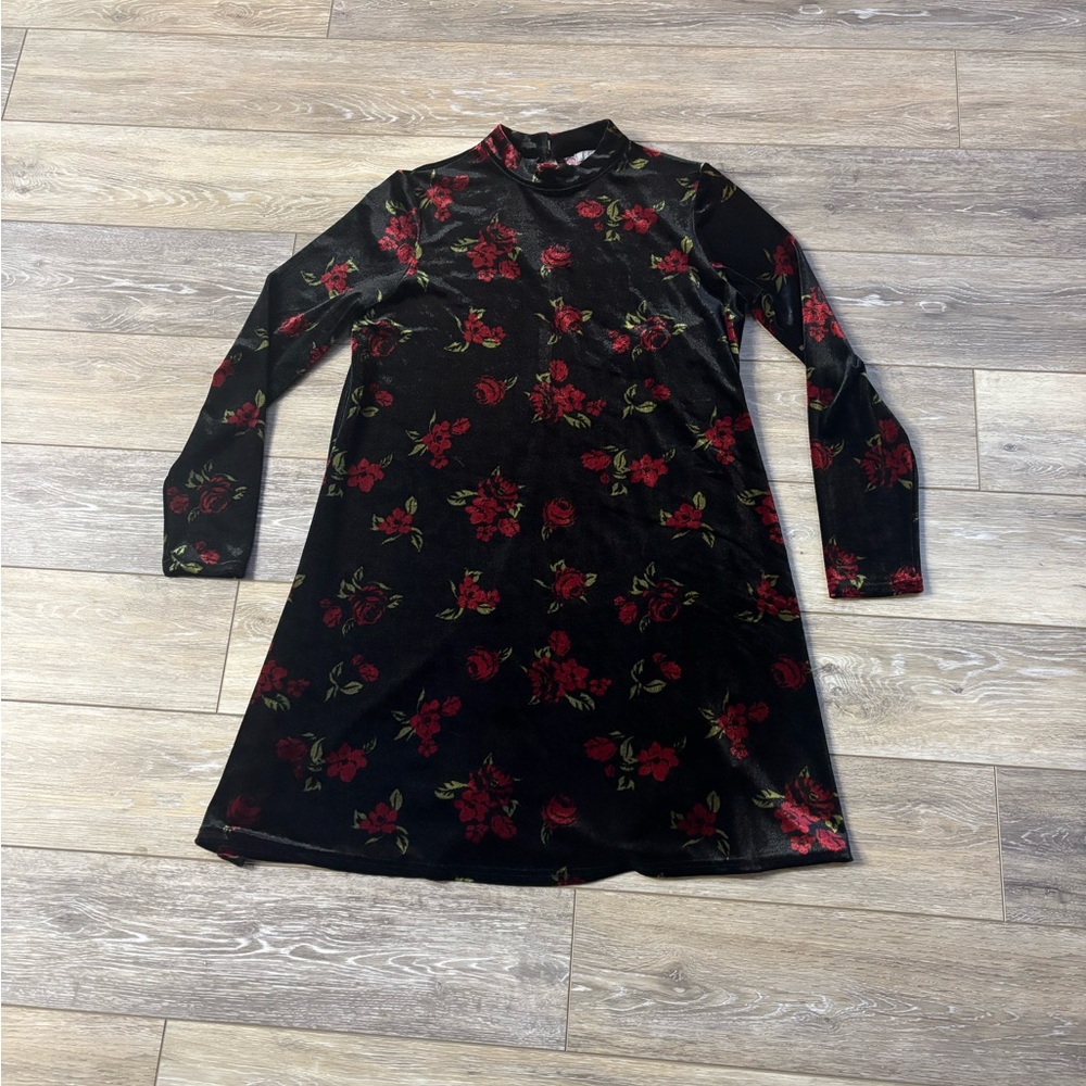 Falls Creek Dress Women Sz L Black Velvet Rose Floral Whimsigoth Witchy Boho 90s
